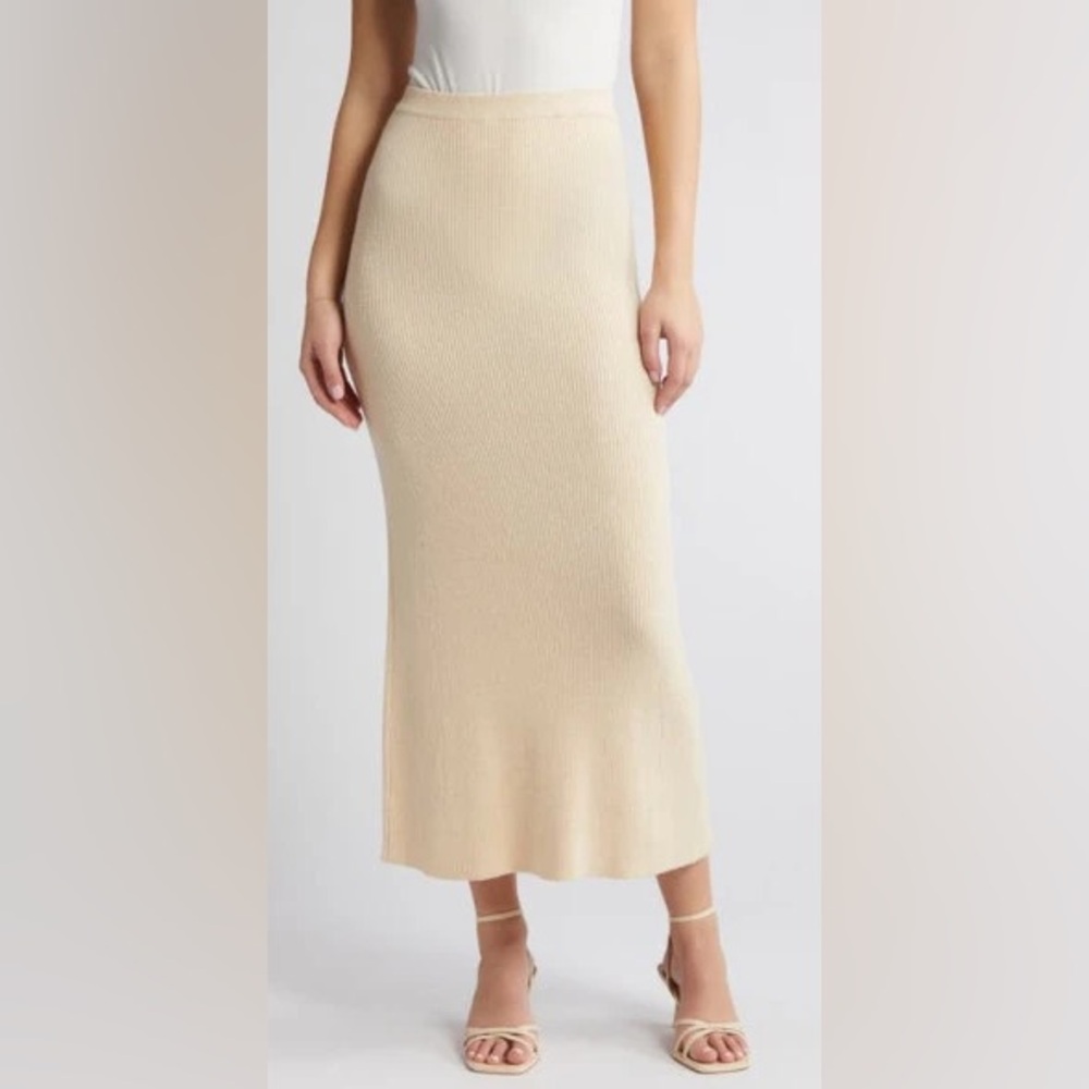 RUE SOPHIE Elaine Rib Knit Sweater Maxi Skirt Creme Pearl Size S